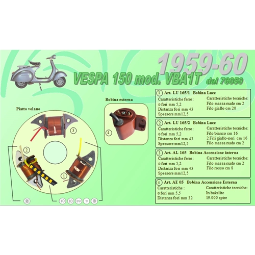 Complete kit with 3 Ceab coils for the restoration and overhaul of the flywheel stator for VESPA 150 VBA1T from frame no. 76050 from 1959 to 1960
