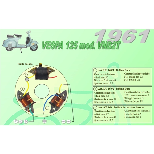 Kit complet avec 3 bobines Ceab pour la restauration et la révision du stator de volant moteur de VESPA 125 VNB2T de 1961