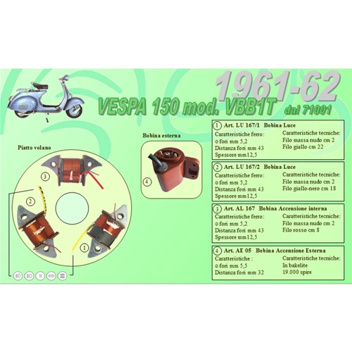 Complete kit with 3 Ceab coils for the restoration and overhaul of the flywheel stator for VESPA 150 VBB1T from frame no. 71001 from 1961 to 1962