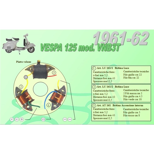 Kit complet avec 3 bobines Ceab pour la restauration et la révision du stator de volant moteur des VESPA 125 VNB3T de 1961 à 1962