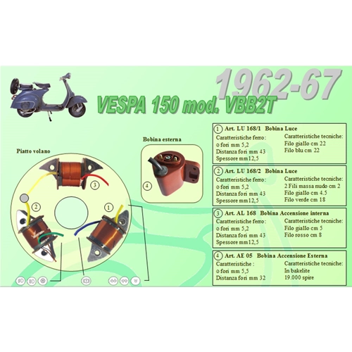 Kit complet avec 3 bobines Ceab pour la restauration et la révision du stator de volant moteur des VESPA 150 VBB2T de 1962 à 1967