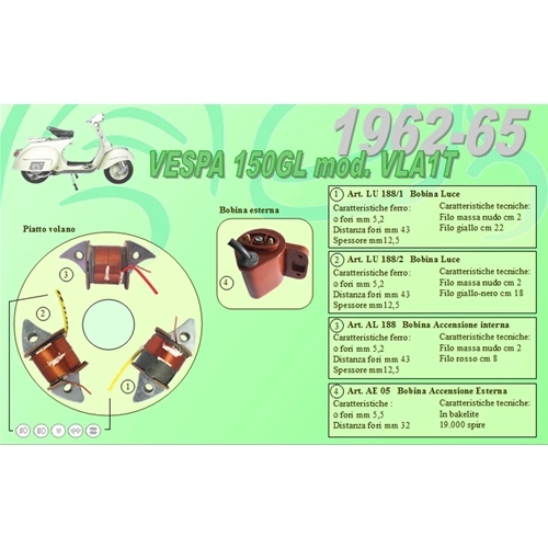 Complete kit with 3 Ceab coils for the restoration and overhaul of the flywheel stator for VESPA 150 GL VLA1T from 1962 to 1965