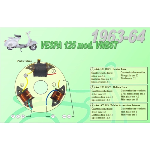 Kit completo con 3 bobinas Ceab para la revisión y restauración del estator del volante de inercia de la VESPA 125 VNB5T de 1963 a 1964.