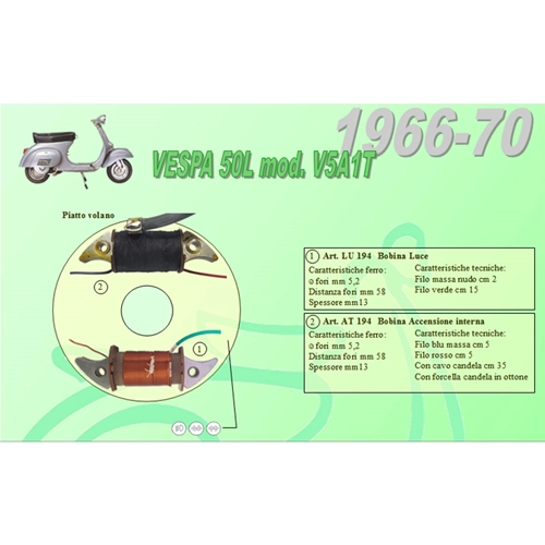 Komplettes Set mit 2 Ceab-Zündspulen für die Restaurierung und Überholung des Schwungradstators für VESPA 50 L V5A1T von 1966 bis 1970