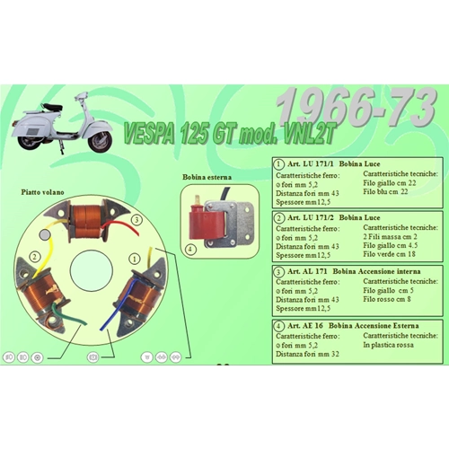 Kit complet avec 3 bobines Ceab pour la révision et la restauration du stator de volant moteur de la VESPA 125 GT Gran Turismo VNL2T de 1966 à 1973