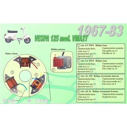 Complete kit with 3 Ceab coils for the overhaul and restoration of the flywheel stator for VESPA 125 VMA2T Primavera from 1967 to 1983