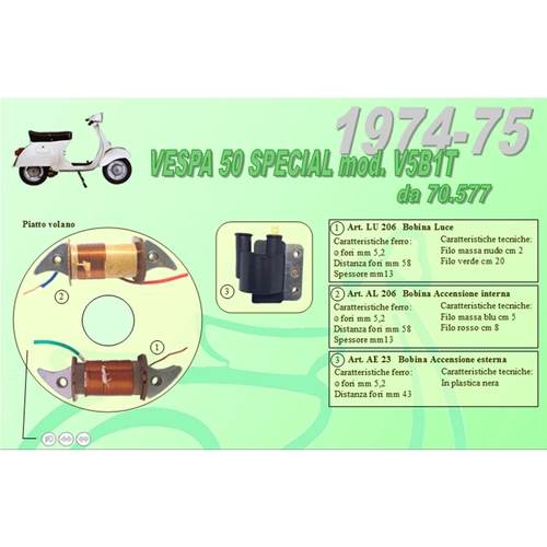 Complete kit 2 Ceab coils for restoration and overhaul of the flywheel plate stator for VESPA 50 SPECIAL V5B1T from frame no. 70577 from 1974 to 1975