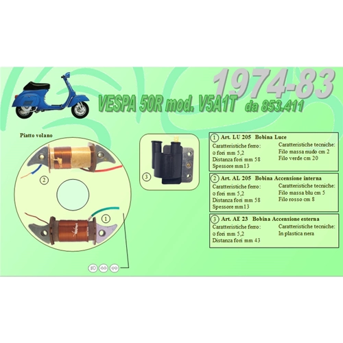 Complete kit 2 Ceab coils for restoration and overhaul of the flywheel plate stator for VESPA 50 R V5A1T from frame no. 853411 from 1974 to 1983