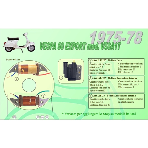 Kit complet avec 2 bobines Ceab pour la restauration et la révision du stator de volant moteur des VESPA 50 EXPORT V5SA1T de 1975 à 1978