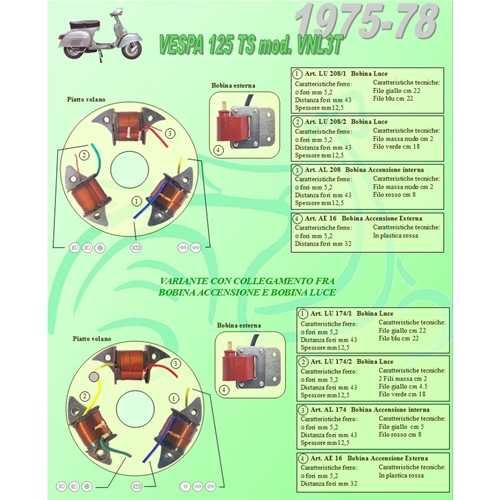 Complete kit 3 coils for VESPA 125 TS Turismo Speciale VNL3T from 1975 to 1978 for restoration and overhaul of the flywheel plate stator for variants with connection between the ignition coil and the light coil
