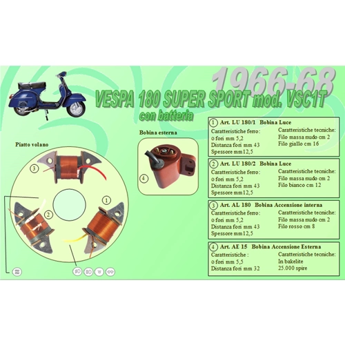 Kit complet avec 3 bobines Ceab pour la restauration et la révision du stator de volant moteur pour VESPA 180 SS Super Sport VSC1T avec batterie de 1966 à 1968