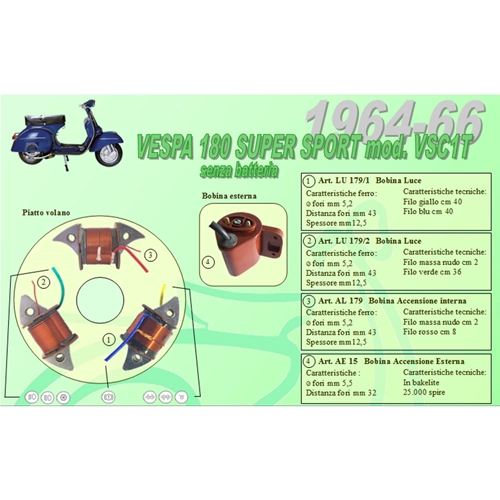 Complete kit with 3 Ceab coils for the restoration and overhaul of the flywheel stator for VESPA 180 SS Super Sport VSC1T without battery from 1964 to 1966