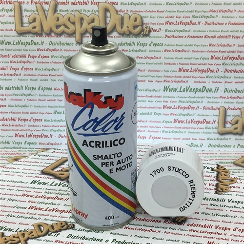 Estuco de relleno en aerosol para carrocería, esmalte acrílico, color extra SPINO WHITE. Uso profesional. Lata de 400 ml con válvula autolimpiante.