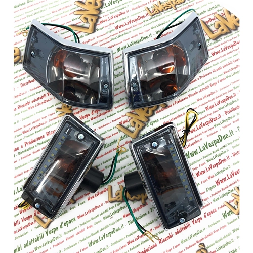 Satz mit 4 vorderen Blinkern mit 9 LEDs und verchromten hinteren Blinkern mit abgedunkelten Gläsern, komplett mit Lampen und vorderen LEDs für VESPA 80 125 150 200 PX PE ARCOBALENO - ZUGELASSENES PRODUKT