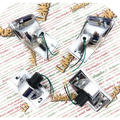 Set of 4 chrome front and rear turn signals with smoked black lenses complete with bulbs for VESPA 80 125 150 200 PX PE ARCOBALENO - APPROVED PRODUCT