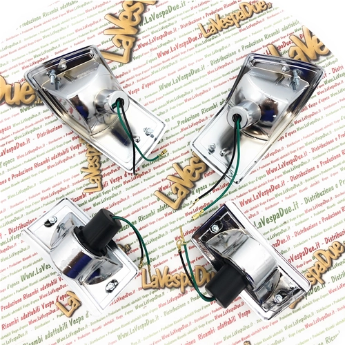 Set of 4 chrome front and rear turn signals with smoked black lenses complete with bulbs for VESPA 80 125 150 200 PX PE ARCOBALENO - APPROVED PRODUCT