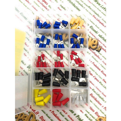 Set mit 75 Faston-Kabelschuhen, isolierten Verbindern, Ösen und Gabeln in verschiedenen Größen für Vespa-Elektriksysteme