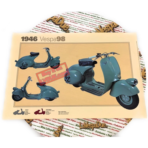 Poster VESPA TECNICA 98 V98 1946 erste Serie, niedriges Scheinwerfergestänge, Gangschaltung, Größe 32 cm x 48 cm, Vintage-Effekt