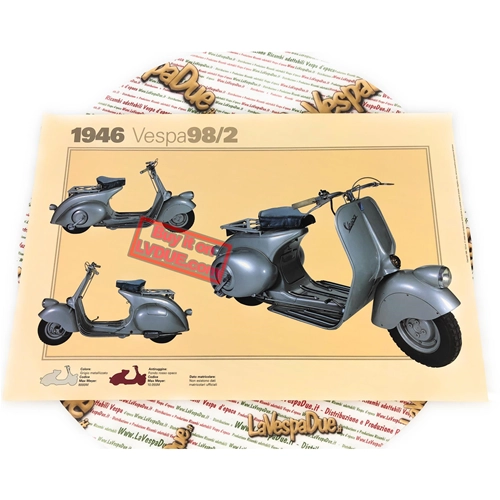 Poster VESPA TECNICA 98 V98 1946 zweite Serie, niedriger Scheinwerfer, Schaltstange, Größe 32 cm x 48 cm, Vintage-Effekt