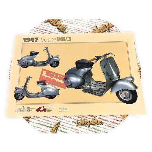 Póster VESPA TECNICA 98 V98 1947 tercera serie faro bajo varilla cambio de marchas tamaño 32 cm x 48 cm efecto vintage