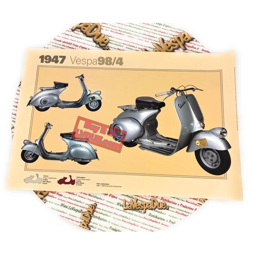 Póster VESPA TECNICA 98 V98 1947 cuarta serie faro bajo varilla cambio de marchas tamaño 32 cm x 48 cm efecto vintage
