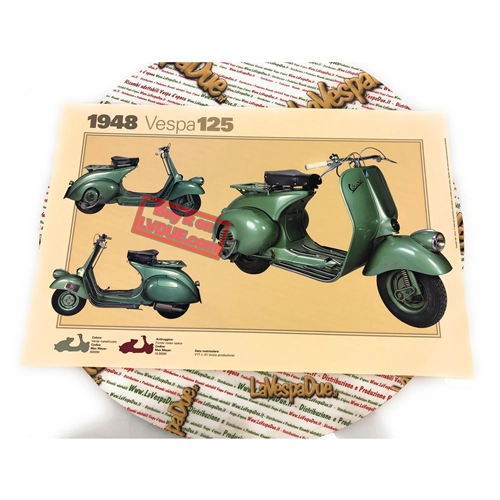 Affiche VESPA TECNICA 125 1948 V1T et suivantes, phare bas, sélecteur de vitesse, format 32 cm x 48 cm, effet vintage