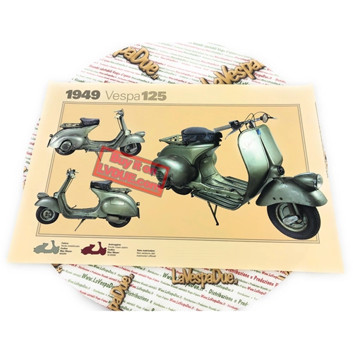 Poster VESPA TECNICA 125 1949 V1T und später, niedriger Scheinwerfer, Schaltstange, Größe 32 cm x 48 cm, Vintage-Effekt
