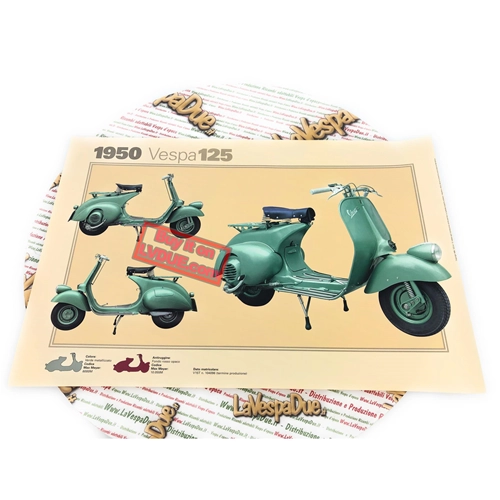 Póster VESPA TECNICA 125 V15T 1950, faro bajo, varilla de cambio de marchas, tamaño 32 cm x 48 cm, efecto vintage.