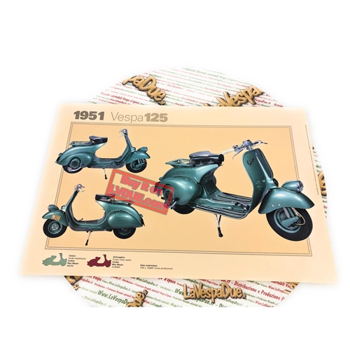Poster VESPA TECNICA 125 V30T 1951 mit abblendendem Scheinwerfer, Maße 32 cm x 48 cm, Vintage-Effekt