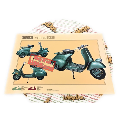 Póster VESPA TECNICA 125 V33T 1952 con faro bajo, medidas 32 cm x 48 cm, efecto vintage.