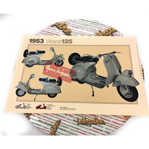 Poster VESPA TECNICA 125 VM1T 1953 mit abblendendem Scheinwerfer, Maße 32 cm x 48 cm, Vintage-Effekt