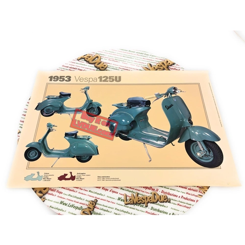 Póster VESPA TECNICA 125 U VU1 1953, coche pequeño, tamaño 32 cm x 48 cm, efecto vintage.
