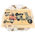Póster VESPA TECNICA 125 VM2T 1954 con faro bajo, medidas 32 cm x 48 cm, efecto vintage.