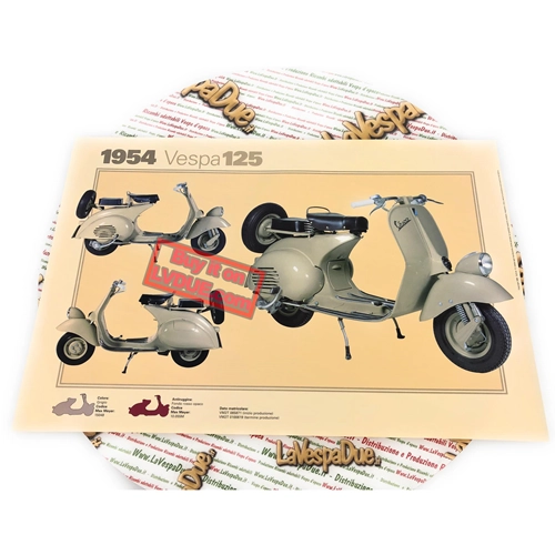 Poster VESPA TECNICA 125 VM2T 1954 mit abblendendem Scheinwerfer, Maße 32 cm x 48 cm, Vintage-Effekt