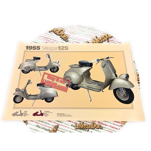 Poster VESPA TECNICA 125 VN1T 1955 mit abblendendem Scheinwerfer, Maße 32 cm x 48 cm, Vintage-Effekt