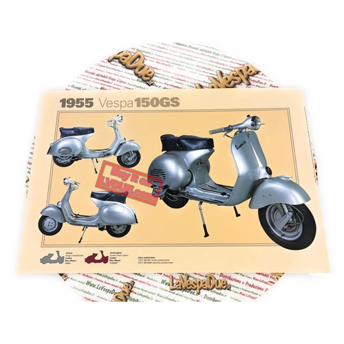 Póster VESPA TECNICA 150 GS VS1 1955 con cables externos, medidas 32 cm x 48 cm, efecto vintage.