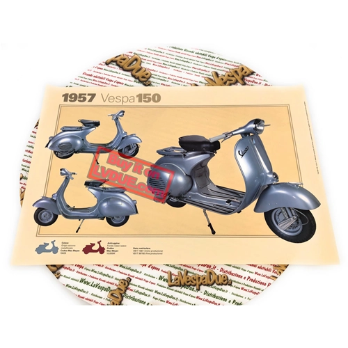 Póster VESPA TECNICA 150 VB1 GS de los pobres 1957, medidas 32 cm x 48 cm, efecto vintage.
