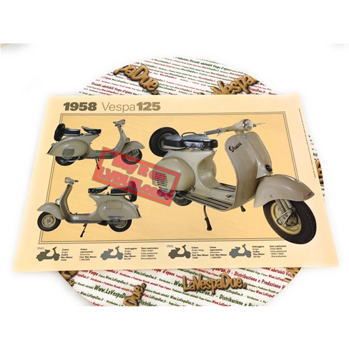 Affiche VESPA TECNICA 125 VNA 1958, dimensions 32 cm x 48 cm, effet vintage