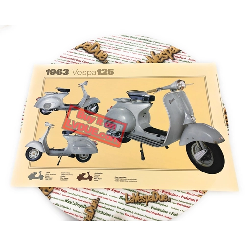 Póster VESPA TECNICA 125 VNB5 1963, medidas 32 cm x 48 cm, efecto vintage.
