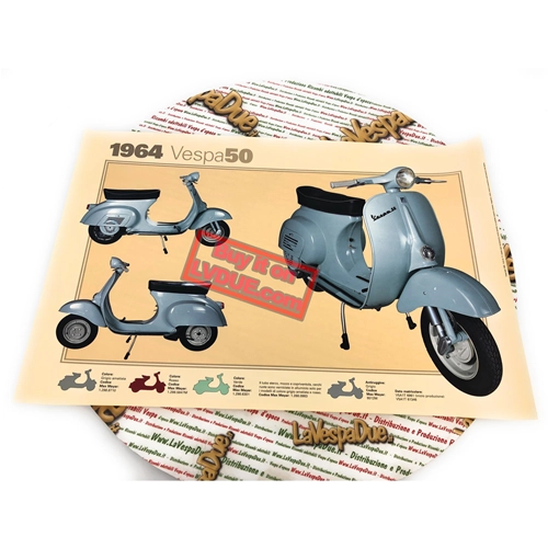 Affiche VESPA TECNICA 50 V5A1 1964 première série, dimensions 32 cm x 48 cm, effet vintage