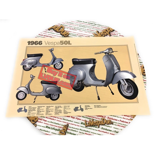 Póster VESPA TECNICA 50 L V5A1T, medidas 32 cm x 48 cm, efecto vintage.