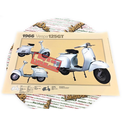 Affiche VESPA TECNICA 125 GT Gran Turismo VNL2, dimensions 32 cm x 48 cm, effet vintage