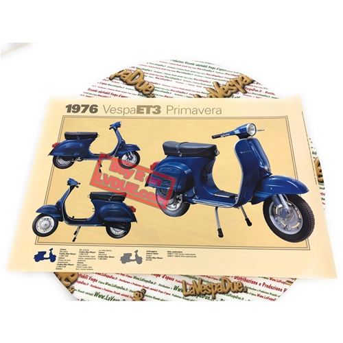 Póster VESPA TECNICA 125 ET3 PRIMAVERA VMB1T 1976, medidas 32 cm x 48 cm, efecto vintage.
