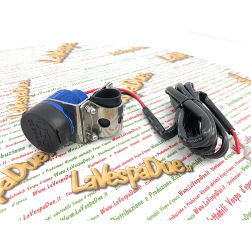 Waterproof BLUE aluminum 4.6 USB port socket with handlebar mounting bracket for low headlight VESPA APE LAMBRETTA cars, motorcycles, scooters, boats, trucks