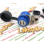 Prise USB 4,6 pouces en aluminium bleu étanche avec support de fixation pour guidon, compatible avec les phares bas de gamme des voitures, motos, scooters, bateaux et camions Vespa, Ape et Lambretta.