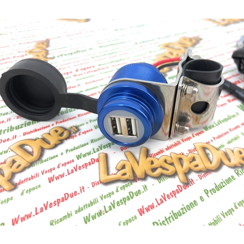 Waterproof BLUE aluminum 4.6 USB port socket with handlebar mounting bracket for low headlight VESPA APE LAMBRETTA cars, motorcycles, scooters, boats, trucks