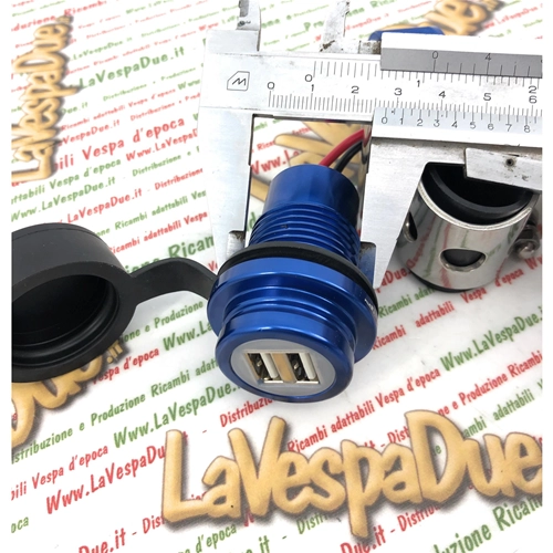 Waterproof BLUE aluminum 4.6 USB port socket with handlebar mounting bracket for low headlight VESPA APE LAMBRETTA cars, motorcycles, scooters, boats, trucks