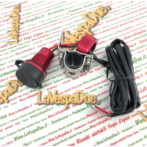 Toma USB de aluminio rojo impermeable de 4,6 mm para Vespa con soporte para manillar y faro bajo.