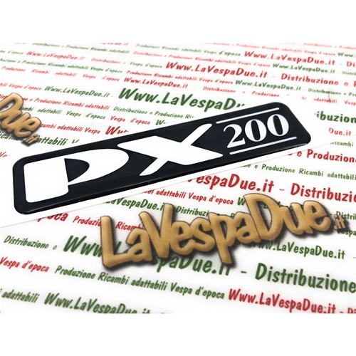 Lettrage adhésif en résine pour capot et flancs de Vespa PX 200 (1998), base noire miroir.