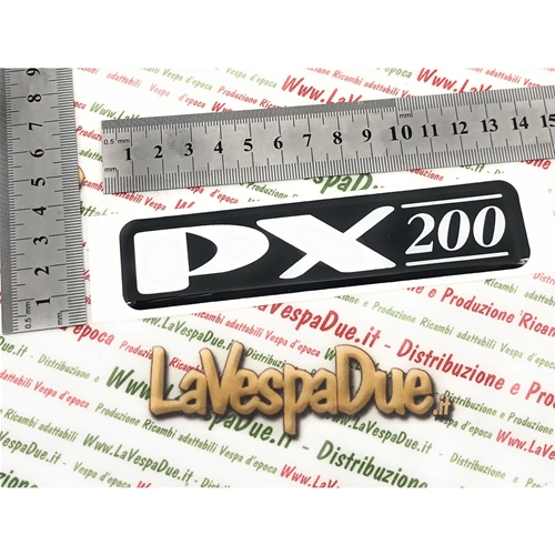 Lettrage adhésif en résine pour capot et flancs de Vespa PX 200 (1998), base noire miroir.